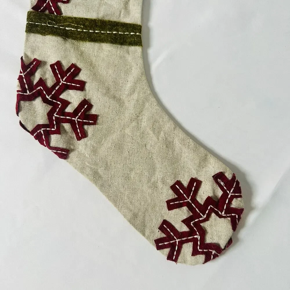 Primitive Farmhouse Christmas Striped Snowflake Sewn Skinny Holiday Stocking